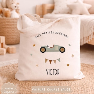 Personalized tote bag/child's name bag/small child's bag/library bag/gym bag/nursery or nanny bag/nap bag Voiture course sauge