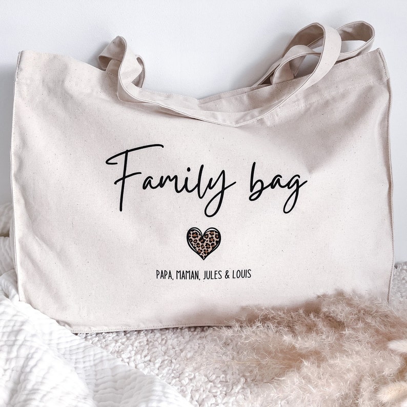 Sac cabas XL Family Bag cœur léopard en coton personnalisé tote bag image 3