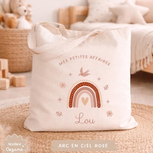 Personalized tote bag/child's name bag/small child's bag/library bag/gym bag/nursery or nanny bag/nap bag Arc en ciel rose