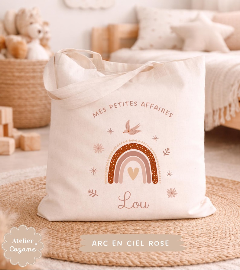 Personalized tote bag/child's name bag/small child's bag/library bag/gym bag/nursery or nanny bag/nap bag Arc en ciel rose
