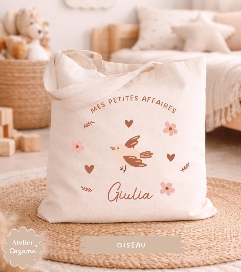 Personalized tote bag/child's name bag/small child's bag/library bag/gym bag/nursery or nanny bag/nap bag Oiseau
