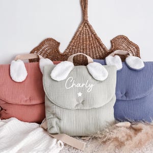 Sac à dos personnalisé enfant en gaze de coton / sac maternelle crèche prénom / sac à dos oreille lapin personnalisé