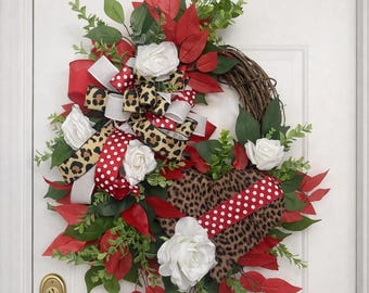 Leopard Print Ribbon Wreath, Red Door Decor