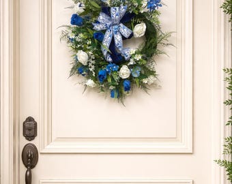 MOVING SALE - Blue White Floral Moss Wreath, Navy Roses, Botanical Door Decor, Year Round Farmhouse Wreath