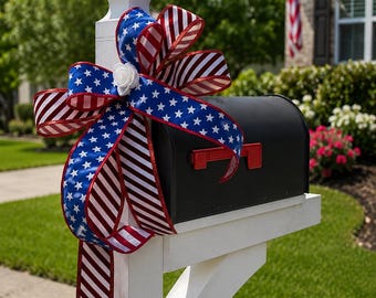 Moving Sale Patriotic Door Bow Set, Red White Blue Porch Decor, Fourth of July Mailbox Lantern Front Door Ribbon Bow