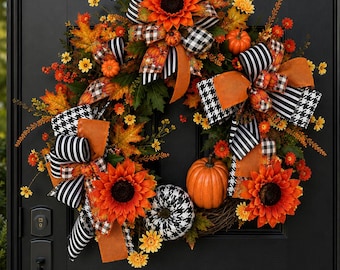Luxury Fall Sunflower Wreath, Black White Orange Pumpkin Wreath, Modern Farmhouse Door Decor, Autumn Entryway Decor Bow Set