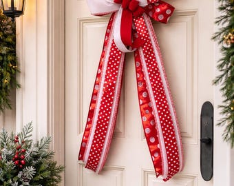 MOVING SALE - Set of 2 Luxury Christmas Bows, Red White Polka Dot Ribbon, Large Door Decor