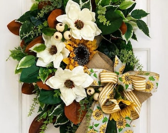 Luxury Magnolia & Sunflower Wreath, Neutral Fall Door Decor, Southern Farmhouse Porch Wreath, Elegant Harvest Front Door Decor
