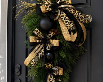 Luxury Black Gold Leopard Christmas Swag, Glam Holiday Door Decor, Designer Winter Porch Swag, XL Front Door Decor