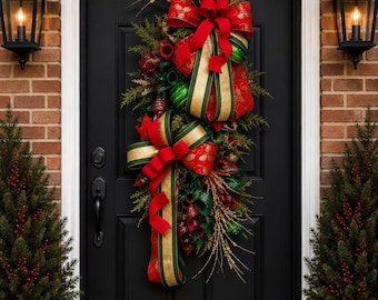 Luxury Christmas Swag, Red Green Gold Holiday Door Decor, Designer Front Porch Swag, XL Christmas Door Hanger
