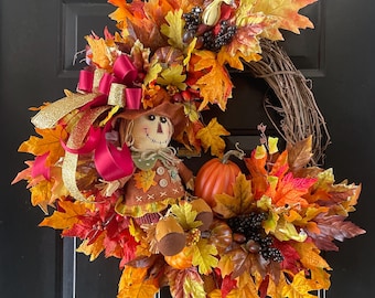 MOVING SALE - Fall Scarecrow Wreath for Front Door, Large Autumn Wreath, Pumpkin Harvest Decor, Thanksgiving Door Decor Wreath