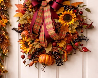 MOVING SALE Wreath – Large Front Door Decor – One Available   Fall Harvest Wreath, Sunflower Pumpkin Door Decor, Burgundy Plaid Bo