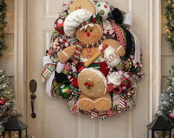 MOVING SALE Gingerbread Christmas Wreath, Whimsical Baking Holiday Decor, Designer Candy Door Wreath