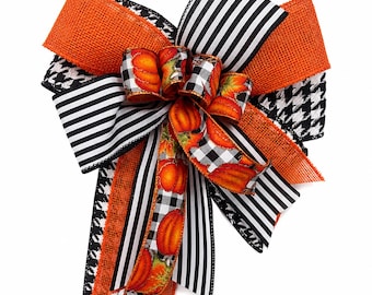 Luxury Small Fall Bow, Pumpkin Lantern Bow, Black White Orange Farmhouse Bow, Autumn Decor Accent Bow