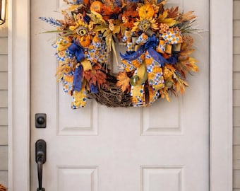 Handcrafted Pumpkin Sunflower Wreath, Blue Orange Autumn Harvest Decor
