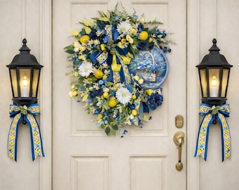 Luxury Bundle Set - Lemon Blue Floral Wreath, Large Summer Door Decor, Designer Ribbon, Welcome Sign with Two lantern Bows included
