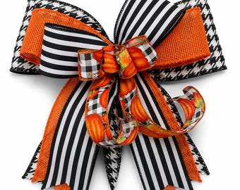Luxury Fall Bow, Black White Orange Pumpkin Bow, Modern Farmhouse Lantern Bow, Halloween Porch Decor, Autumn Door Bow
