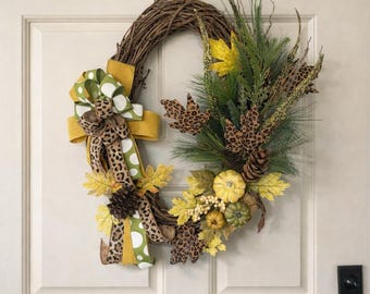 MOVING SALE Handcrafted Fall Grapevine Wreath, Rustic Pumpkins, Leopard Ribbon, Farmhouse Door Decor
