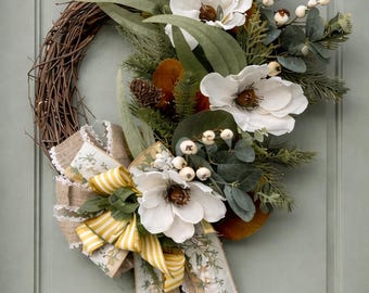 MOVING SALE  Wreath – Large Front Door Decor – One Available  Spring Magnolia Grapevine Wreath, Farmhouse Door Decor, Botanical Fl