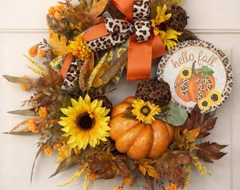 MOVING SALE Leopard Pumpkin Fall Wreath | Sunflower Autumn Door Decor