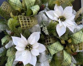 Luxury Christmas Wreath, White Poinsettia Front Door Wreath, Designer Holiday Decor, Green Plaid Winter Wreath
