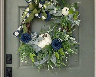 MOVING SALE - Neutral Fall Wreath and Centerpiece Set, Blue Pinecone Pumpkin Decor, Farmhouse Style