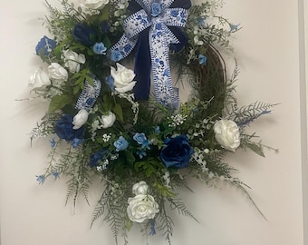 MOVING SALE - Blue White Floral Wreath, Navy Roses Grapevine Door Decor, Farmhouse Spring Year Round