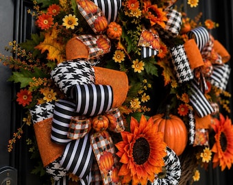 Luxury Fall Wreath Bundle, Designer Pumpkin Wreath Set, Black White Orange Bow Collection, Modern Farmhouse Door Decor