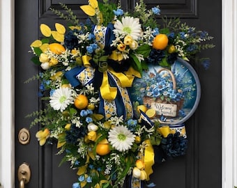 Oversized Lemon Wreath, Blue Yellow Spring Door Decor, Welcome Friends Accent