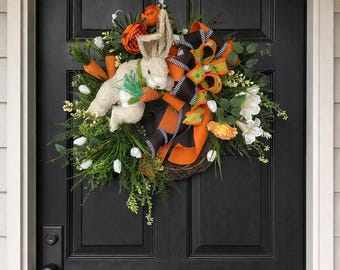 MOVING SALE  Wreath  Large Front Door Decor  One Available Handcrafted Bunny Easter Wreath, Whimsical Spring Farmhouse Decor