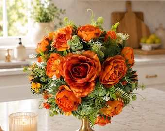 Moving Sale Luxury Fall Centerpiece Arrangement, Orange Floral Table Decor, Large Autumn Peony Rose Centerpiece, Kitchen Island Decor
