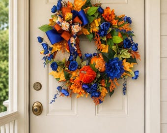 Handcrafted Fall Pumpkin Wreath | Navy & Burnt Orange Grapevine Floral