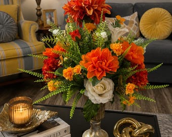 Luxury Fall Floral Centerpiece, Orange Dahlia Arrangement, Autumn Table Decor, Elegant Pumpkin Kitchen Decor