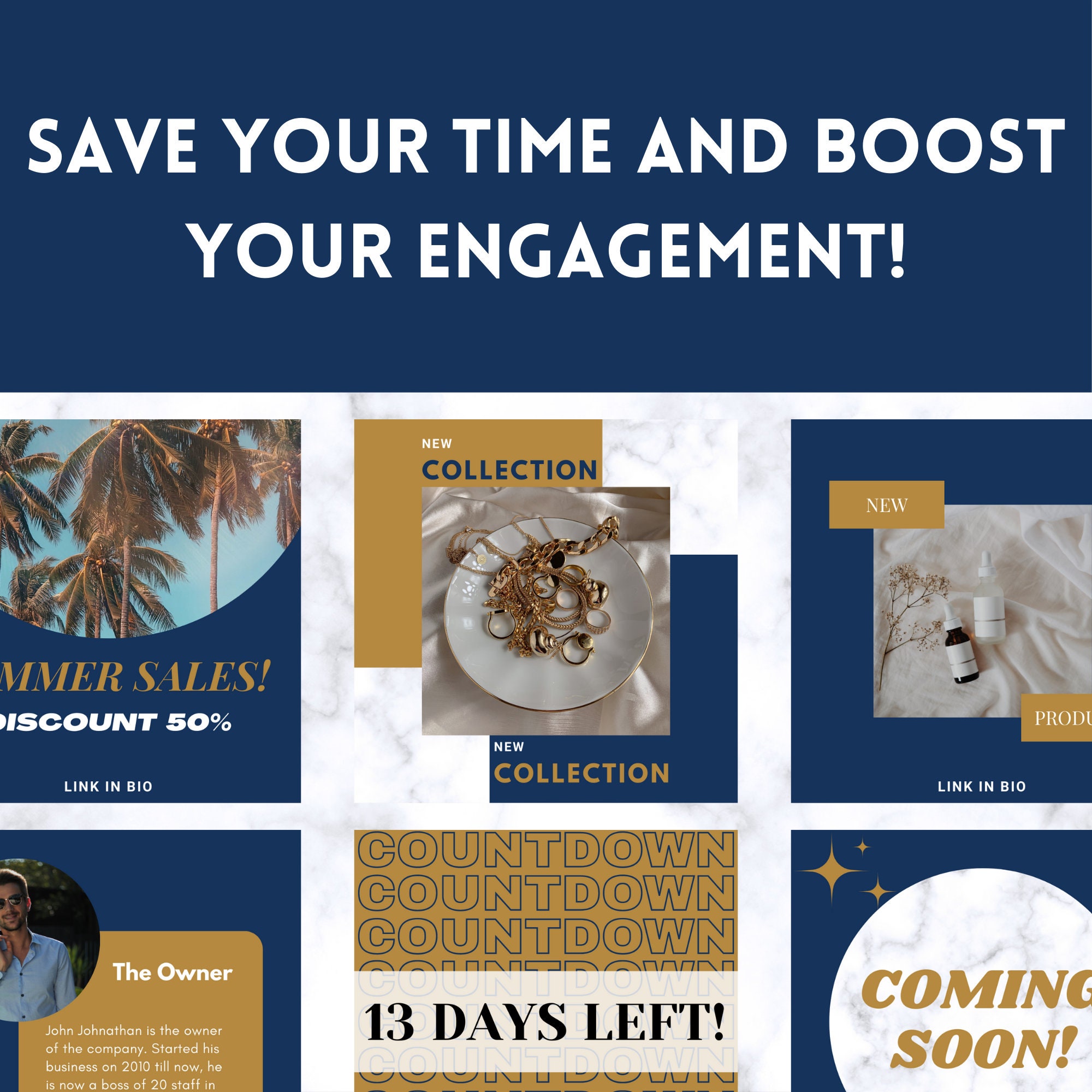 Navy Blue and Gold Instagram Templates for Social Media, Small Business ...