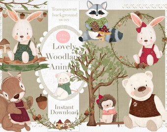 May include: A digital collection of woodland animal illustrations including a rabbit in green overalls, a raccoon with a pinecone, a rabbit with a red bow, a mouse, a squirrel in a red dress, a hedgehog on a swing, and a bear, with text reading Lovely Woodland Animals.