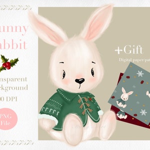 Conejito de Navidad PNG, Lindo conejito Clipart, Conejito png, conejo Clipart, bebé animal, bebé conejito, fondo transparente, ilustración