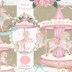 Clipart de aquarela de carrossel, cavalo de carrossel, arte de berçário de carrossel, unicórnio, chá de bebê, pônei de carrossel, clipart de aniversário, cavalos