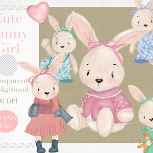 Süßes Hasen Clipart Instant Download, Süßes Hasen Mädchen PNG Kinderzimmer Kunst, Kaninchen Mädchen Geburtstag Party Einladung, Sublimation, Geburtsanzeige