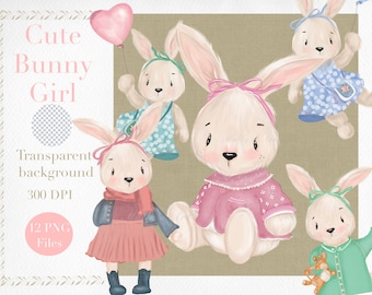 Cute Bunny clipart Instant Download, Cute bunny girl PNG Nursery Art, Rabbit girl birthday party invitation, Sublimation, Birth announcement