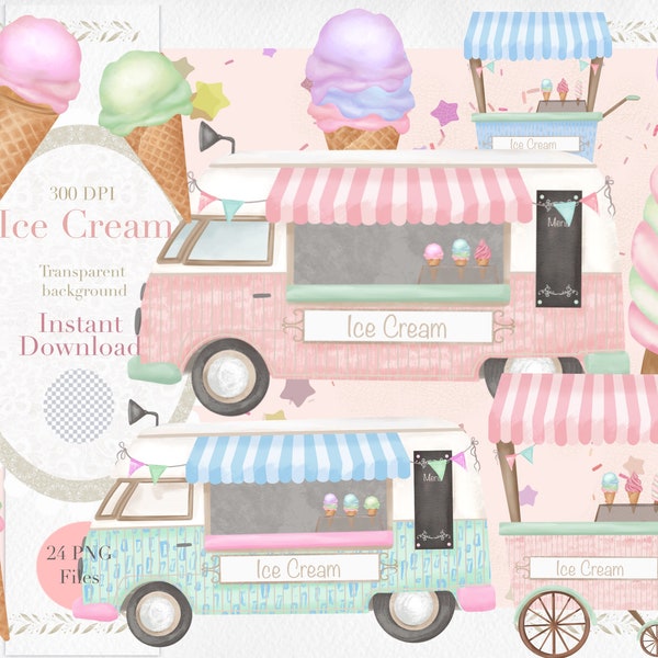 Ice Cream Clipart, watercolor Ice cream, ice cream clipart, retro ice cream truck, waffle cone, ice cream truck, ice cream cone, ice cream