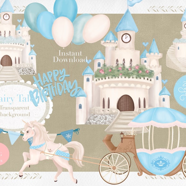 Watercolor Fairy Tale Clipart, Fairytale Castle Clipart, Royal Carriage,Unicorn Swan, Baby Shower Clipart, Nursery Clipart