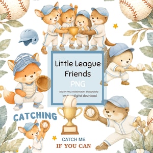 Op de afbeelding: Een digitale illustratieset met dieren in honkbaluniformen, waaronder een vos, eekhoorn, egel en otter. De afbeelding toont honkballen, een trofee, een helm en de tekst Little League Friends, PNG, Catch Me If You Can.