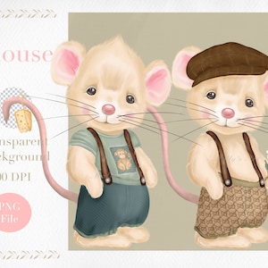 Clipart de souris, Téléchargement instantané, Garçon de souris Png Imprimable, Conception de sublimation, Art de pépinière de souris mignon