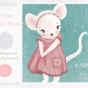 Clipart de souris Téléchargement instantané, Souris mignonne PNG, clipart d’animaux, clipart de pépinière de fond transparent, art de pépinière, png de souris vintage