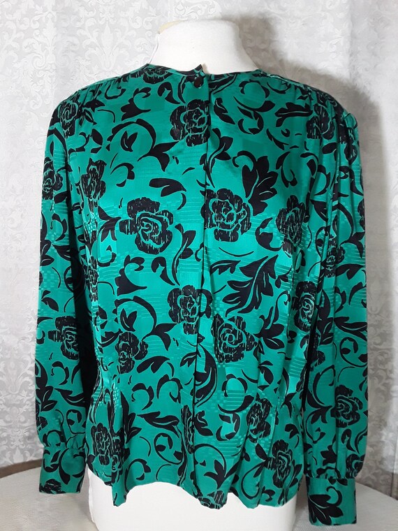 Vintage 80's Green Black Floral Button Down Long … - image 2