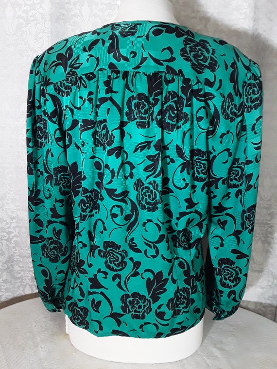 Vintage 80's Green Black Floral Button Down Long … - image 5