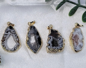 Natural Geode Agate Druzy Crystal Pendant: 1-inch Slice