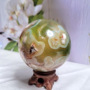 Green Sakura Flower Agate Sphere: Natural Crystal (73mm)