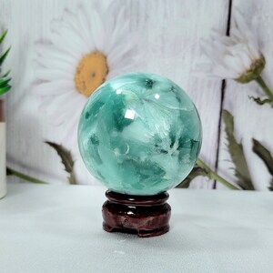 Alabaster Stone Crystal Sphere/Gorgeous Blue-Green Alabaster Snowflake Crystal Sphere/76mm