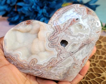 Large Mexican Lace Agate Heart with Quartz: Crystal Healing Decor